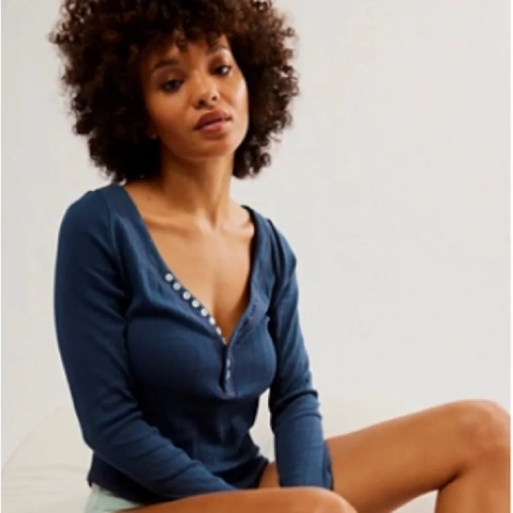 Free People Coffee Chat Pointelle Long Sleeve Cotton Top In Moonlit Ocean Size L